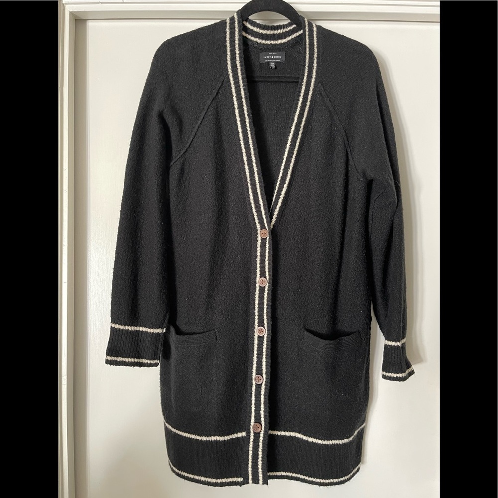 Lucky Brand Black/white buttoned-up sweater cardigan.